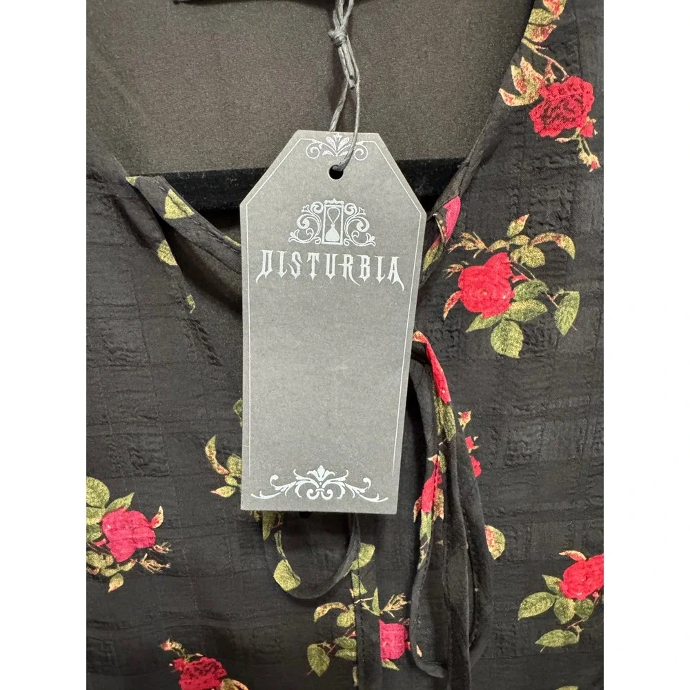 Disturbia Darcy Floral Print Chiffon Midaxi Dress Black Red Rose Gothic US 4